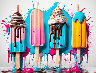 Wall Mural - Colorful and Playful Illustration of a Photorealistic Popsicle and Surreal Milkshake Composition Gen AI