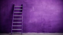 An Old Wooden Ladder Leaning Against A Faded Purple Wall With Copy Space