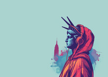 Modern Liberty: The Statue Of Liberty Reimagined With Headphones Against An Urban Sunset, Ideal For Cultural And Musical Concepts