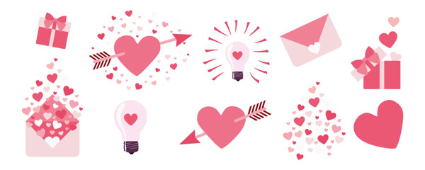 Wall Mural - Valentine Sticker Pack Set. Isolated Modern Flat Vector Illustration. Love Mail concept with Heart Shape Gesture, Envelop, Romantic Social Media Ads, Postcard, Design Art for Card, Poster, Banner.
