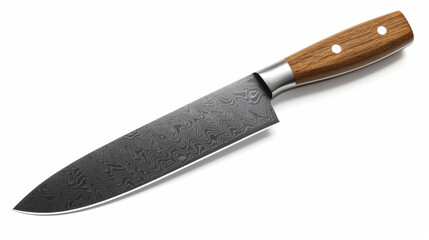 Chef's kitchen knife with damascus steel blade isolated on white background