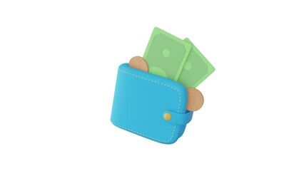 Wiggle Portmone coin money in cartoon style wallet.Wallet with Cash Money 3d illustration on white background isolated. 3d render with matte alpha