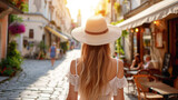Fototapeta Uliczki - Young woman in a straw hat, tourist, rear view, walks through narrow old European streets with cafes and shops. Tourism and travel concept.