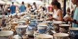Fototapeta  - People looking at and buying old porcelain cups on the countertop of a seller in sunday flea market. Details from antique bazaar. Generative AI illustration.