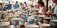 People Looking At And Buying Old Porcelain Cups On The Countertop Of A Seller In Sunday Flea Market. Details From Antique Bazaar. Generative AI Illustration.
