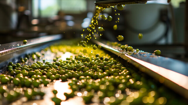 A detailed shot of olives being poured onto a conveyor belt, entering the initial stages of the olive oil extraction process, highlighting the modern technology used in olive oil p