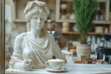An Ancient Greek Statue As A Barista In A Coffee Shop. Female Statue, White Marble Statue,