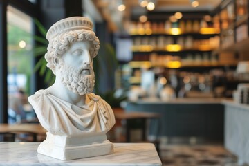 Wall Mural - An ancient Greek statue as a barista in a coffee shop. male statue, white marble statue,