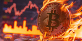 Burning Bitcoin against a backdrop of rising financial graphs, symbolizing market volatility