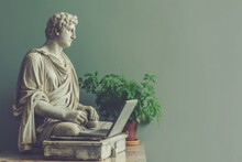 An Antique Ancient Greek Statue Working On A Laptop In A Stylish Office. Casual Attire. Carved From White Marble. Isolated On Background