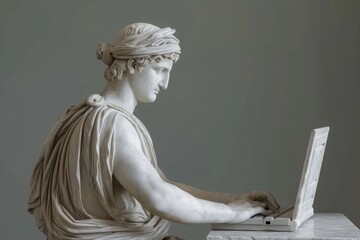 Wall Mural - An antique ancient Greek statue working on a laptop in a stylish office. casual attire. Carved from white marble. isolated on background