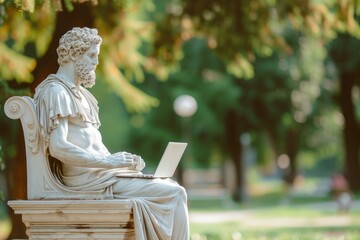 Wall Mural - An ancient Greek statue in a modern city park, sitting on a bench with a laptop. Carved from white marble. ,isolated on background