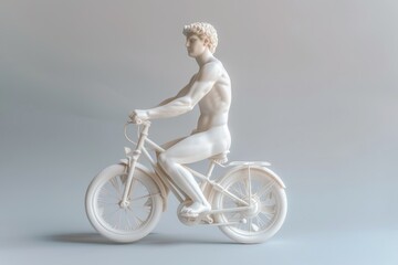 Wall Mural - An ancient Greek statue riding a bicycle. white marble greek statue. whimsicle greek statue in accessibility and Inclusion in Everyday Life concept.