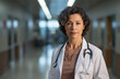 Portrait of a confident Hispanic female doctor in her 50s posing with a serious expression in hospital wearing medical coat.