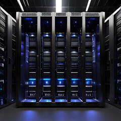 High performance data servers. Ultra high performance servers in data center rack, operating at full load with stability and optimum processing power. Glowing hardware and cables. generate with Ai.