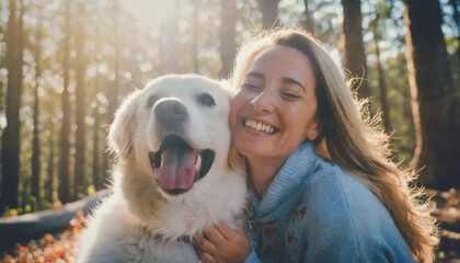 Canvas Print - Smiling woman and adorable retriever in autumn forest