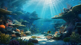 Fototapeta Do akwarium - Underwater Scene - Tropical Seabed With Reef And Sunshine, Ai generated image