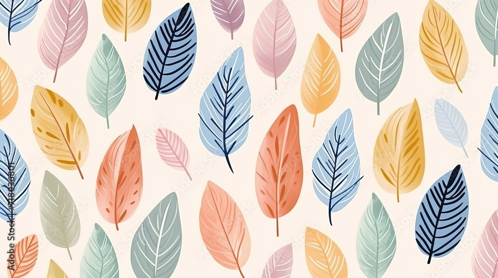 Abstract plant leaf art seamless pattern with colorful freehand doodle ...