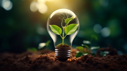 Wall Mural - Light bulb with a plant growing inside, the environment and sustainable energy