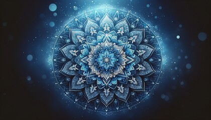 Blue Mandala Background. Intricate Cosmic Pattern with Starry Illumination
