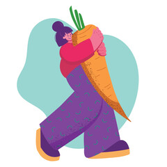 Young smiling woman hauling a big carrot. Vector illustration