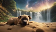 Dog On The Beach Highly Intricately Detailed Photograph Of Staffordshire Terriers Bull Puppy Sleeping On The Beach In Front Of A Waterfall 