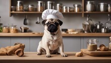 Dog In A Kitchen A Pug Puppy Wearing A Tiny Chef's Hat And Apron, Standing On A Stool In A Kitchen, Hilariously  