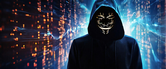 anonymous hacker in a silhouette In the background is network of glowing data cybersecurity, Cyber Crime, Cyberattack