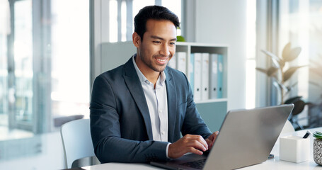Aufkleber - Happy, laptop and typing business man, bank consultant or admin worker smile for research report, project or data. Company computer, administration and professional person working on online account
