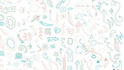 Naklejka na meble Various sketchy Doodle Arrows, Direction pointers Shapes and Objects. Freehand colorful Lines, curves, dots, spiral. Brush stroke style. Grunge texture. Hand drawn abstract Vector set