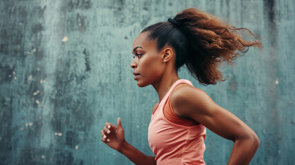 mujer joven afroamericana, atleta, con melena recogida practicando carrera en ropa de deporte, sobre fondo de pared gris verdoso. Concepto entrenamiento , competiciones deportivas profesionales