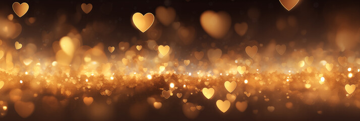 Wall Mural - Beautiful background banner with golden hearts, lights, sparkles and bokeh. Valentine's Day. Panoramic web header with copy space. Wide screen wallpaper