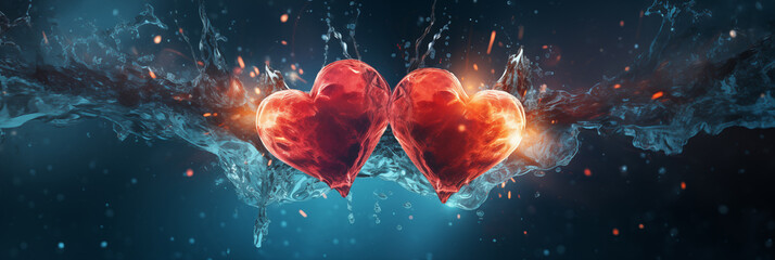Wall Mural - Two red hearts with water splash effect banner. Valentine's Day. Panoramic web header with copy space. Wide screen wallpaper