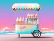 Photorealistic Illustration of Retro-Futuristic Ice Cream Cart with Vanilla Milkshake Gen AI