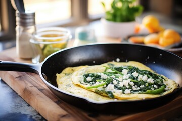 Wall Mural - spinach and feta cheese omelette on a skillet