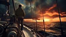 Yacht Skipper In Warm Clothes On Sunset. Ship Crew Member