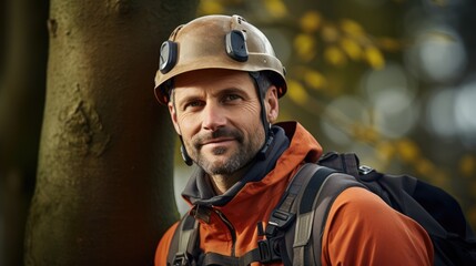 Arborist portrait on a blurred background Portrait of lumberjack.