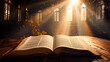 Open holy bible on a wooden table in the dark with rays of light.  AI generative