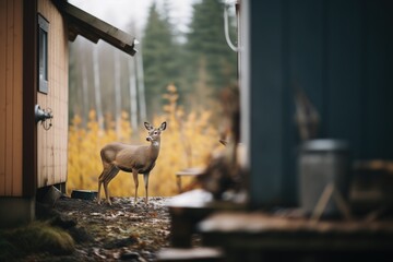 Wall Mural - wildlife near a wood cabin: a deer in the distance