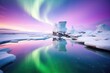 arctic sea reflecting a purple aurora during winter