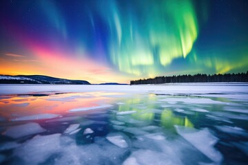 Wall Mural - multi-color aurora spanning night sky over a frozen lake