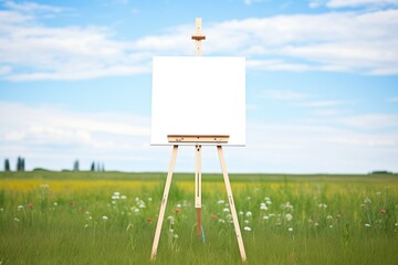 a wooden easel in an open field with a blank canvas