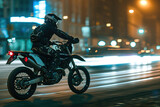 Fototapeta  - motocross rider biker driving on a motorcycle with high speed in motion. blurry lights city street road background. motorcyclist with helmet and equipment.