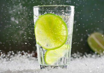 Lime in a glass with tonic