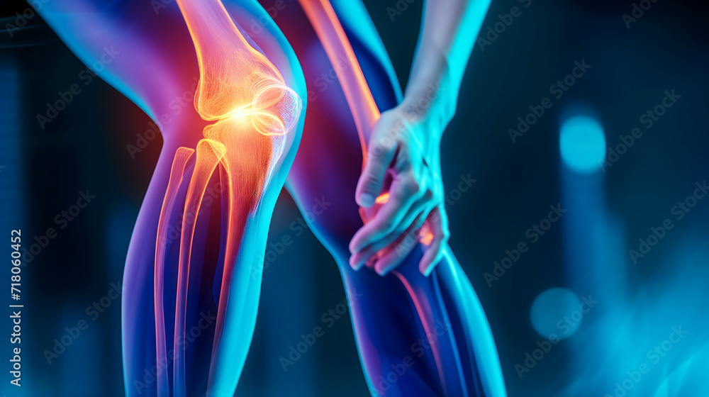 Blue-tinted 3D X-ray image showcasing the anatomy of a human knee joint ...