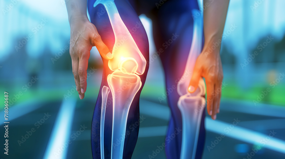 Blue-tinted 3D X-ray image showcasing the anatomy of a human knee joint ...