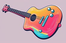 Watercolor Hand Painted Pink Cyan Classical Guitar On Lilac Background. Stylish Brushed Illustration