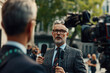 © arhendrix - mature professional politician man being interviewed live by a tv broadcast channel with microphones and cameras on a press conference outside on the city street