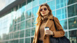© apirom - Beautiful Woman Going To Work With Coffee Walking Near Office Building. Portrait Of Successful Business Woman Holding Cup Of Hot Drink In Hand On Her Way To Work On City Street