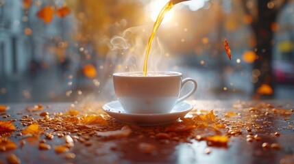 Poster - Steaming coffee being poured from outside of frame to a white coffee cup on table. Minimalism